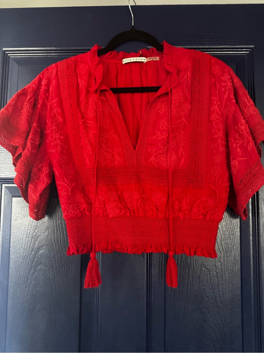 Alice + Olivia Red Embroidered V-Neck Peasant Blouse